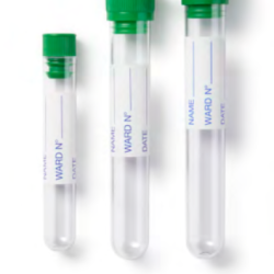 Polystyrene round bottom tubes, capped and labelled